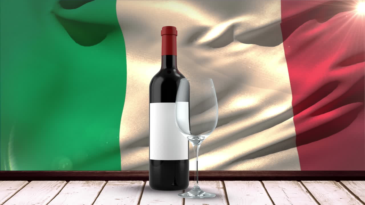 bandera italiana con vino y vaso