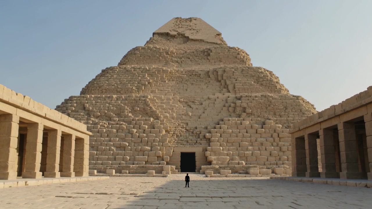 Nahrávací kamera zachycuje osamělého návštěvníka v tmavém oblečení stojícího u vchodu do pyramidy.