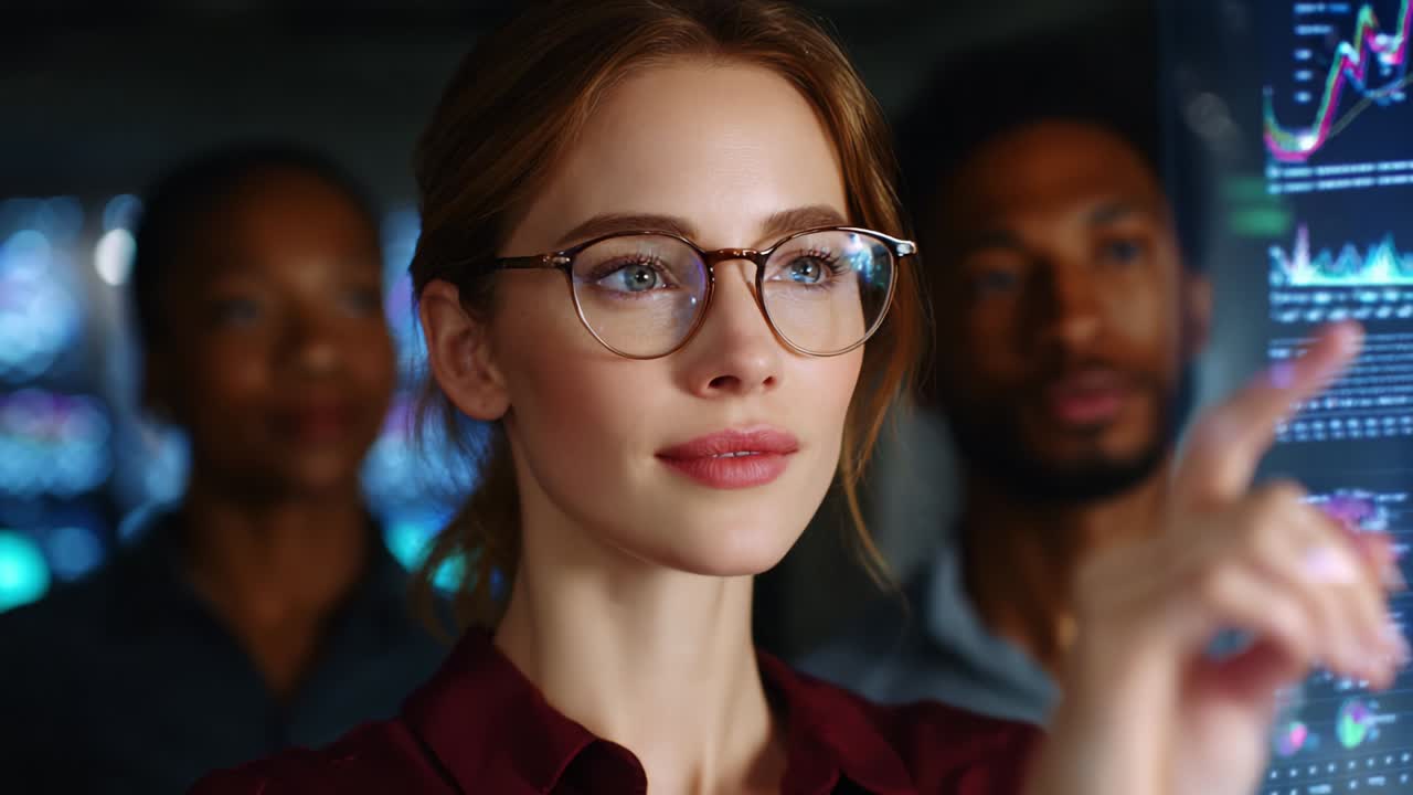 Focused Analysis: A Professional Woman with Glasses Engages in Data Interpretation in Front of Digital Screens While Two Colleagues Observe, Highlighting Collaboration in a Modern Tech Environment