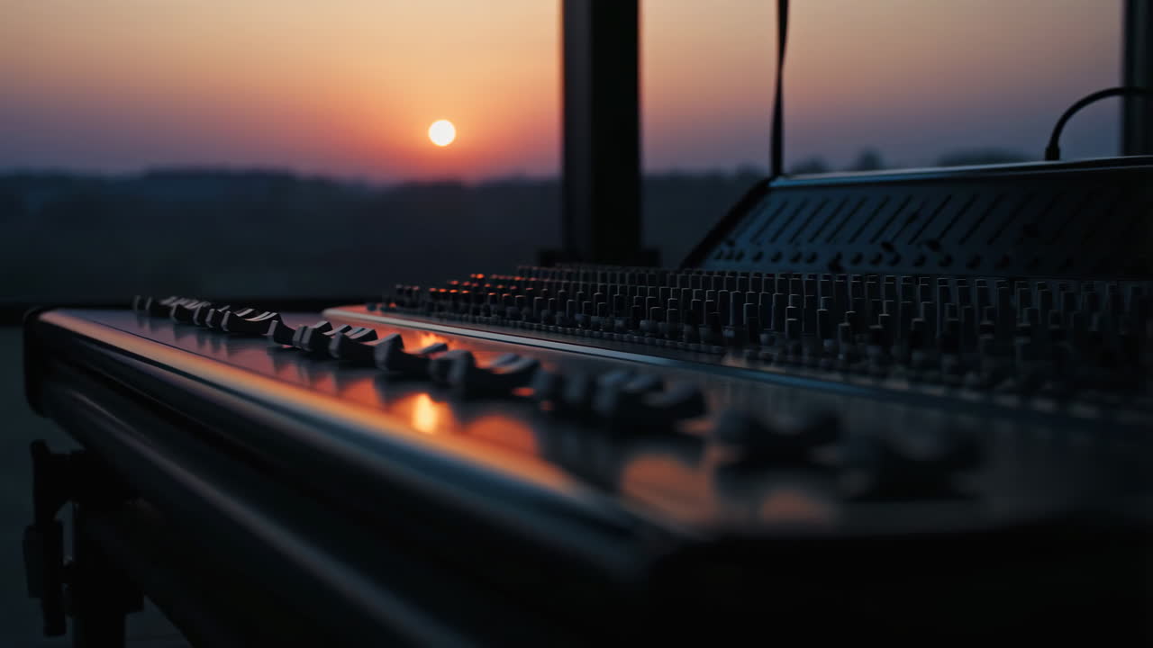 Audio Mixing Console with Sunset View