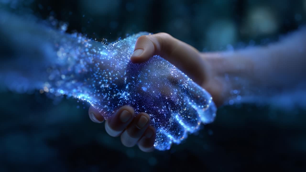 Una connessione cosmica: due mani intrecciate in un abbraccio celestiale di luce ed energia, che simboleggiano l'unità e il potere della collaborazione tra i regni