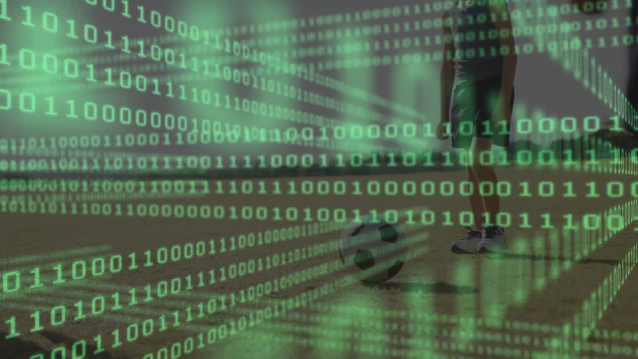 Animation of binary coding and data processing over glowing computer circuit board