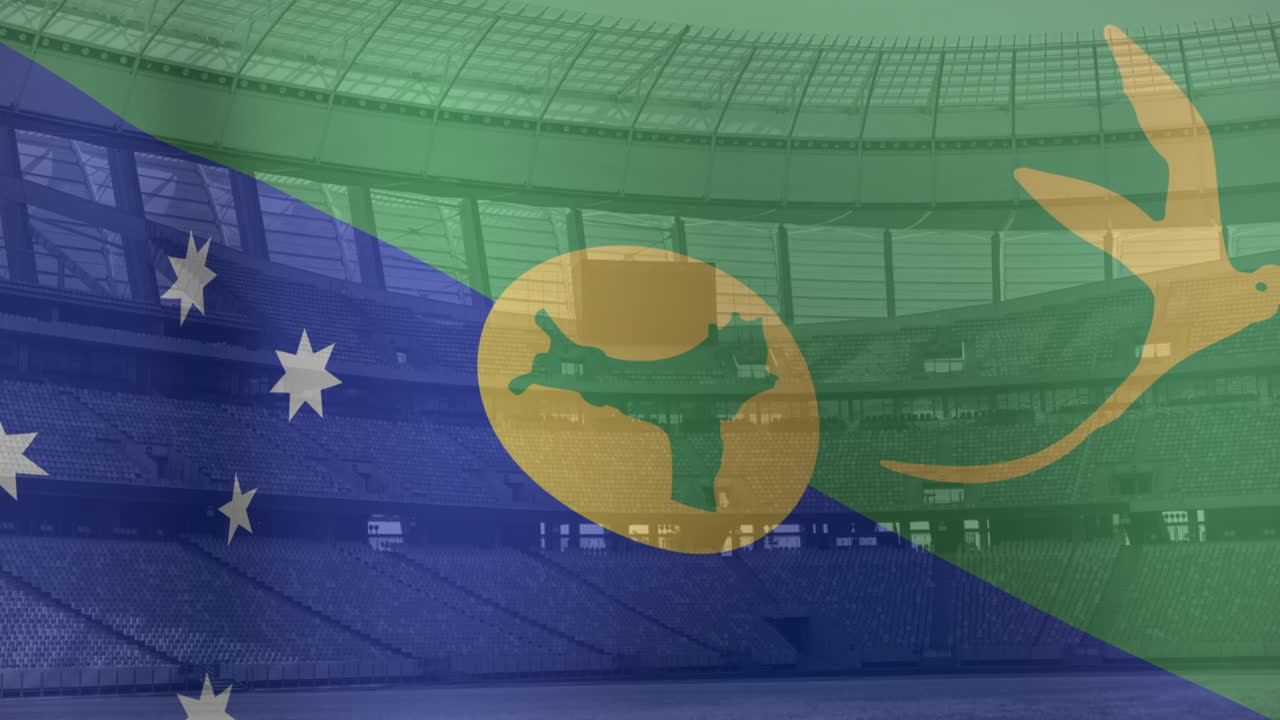 스포츠 경기장 위에 발을 흔들고 있는 페로 제도의 애니메이션