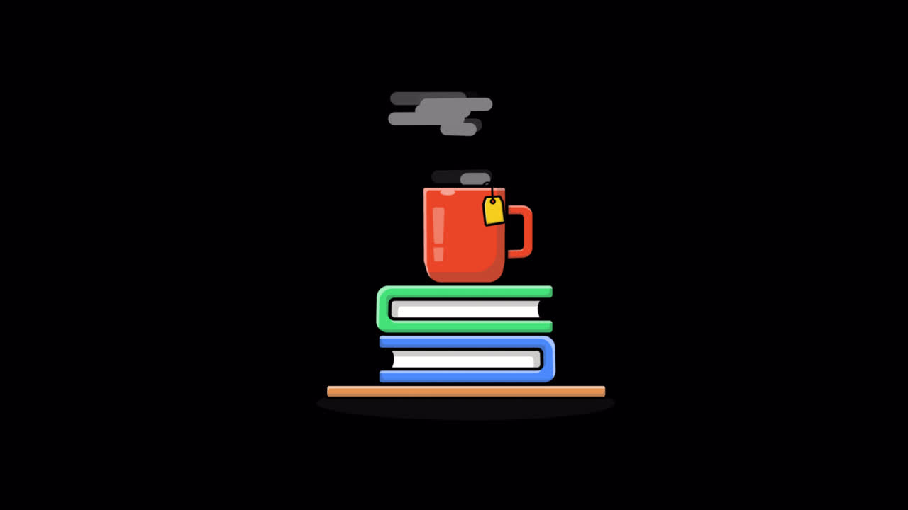 Animazione di libri che si impilano con tazza di tè fumante