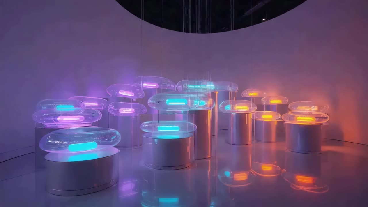 Vibrant Light Art Installation with Glowing Cylinders