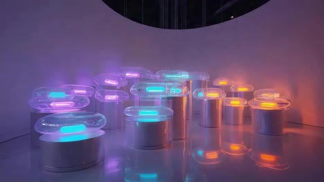 vibrant light art installation with glowing cylinders