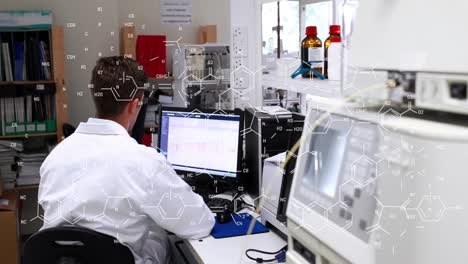 animación de fórmulas químicas sobre la vista trasera de un trabajador de laboratorio caucásico usando una computadora