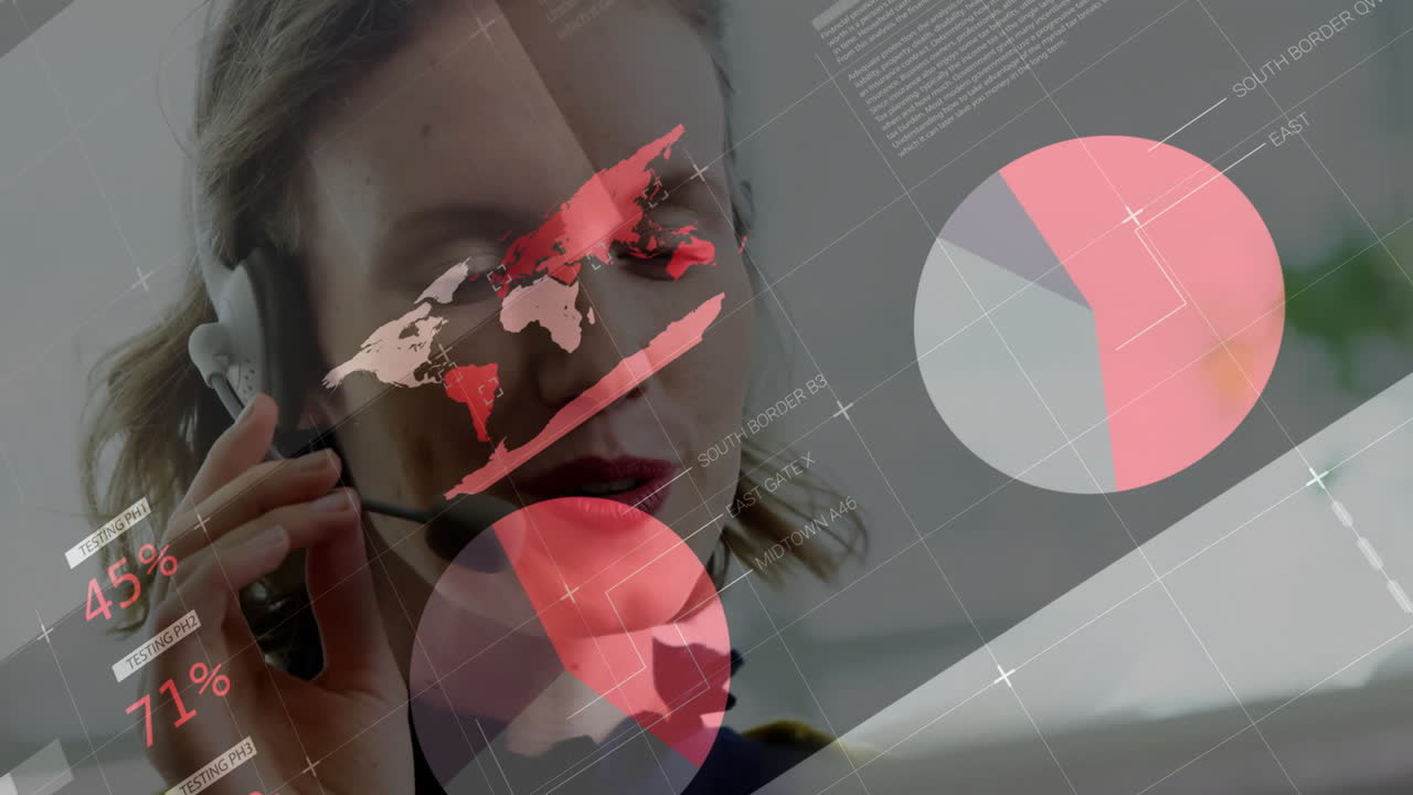 animación del procesamiento de datos sobre una mujer de negocios caucásica usando auriculares de teléfono