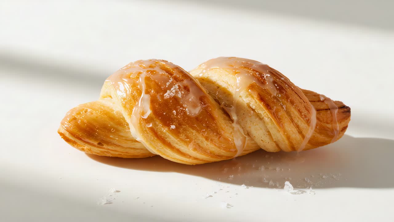 Dolce intrecciato e glassato lucido che cattura le bande di ombra mutevoli su un tavolo bianco, mostrando lo zucchero