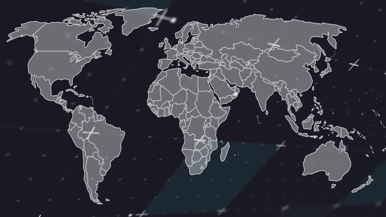 mapa del mundo con puntos de datos y conexiones animación sobre fondo oscuro