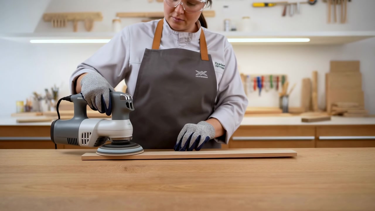 Gloved hands guide compact sanding tool over wood board on workbench as person moves across surface, with shelves and tools in background under bright indoor lighting and balanced composition.