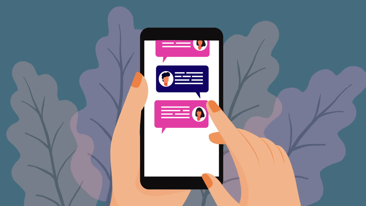 animación de una persona que usa redes sociales de teléfonos inteligentes sobre hojas