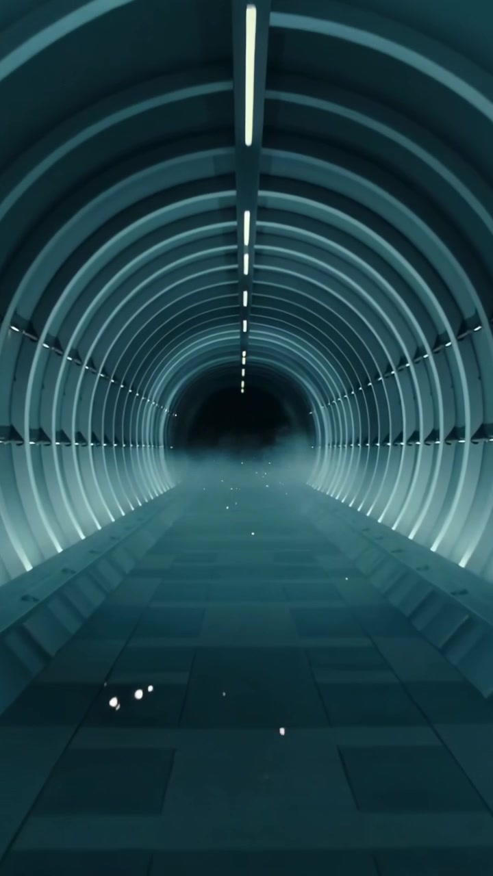 Vertical video: Particles appearing, tunnel filling with mist under center light, tiles reflecting
