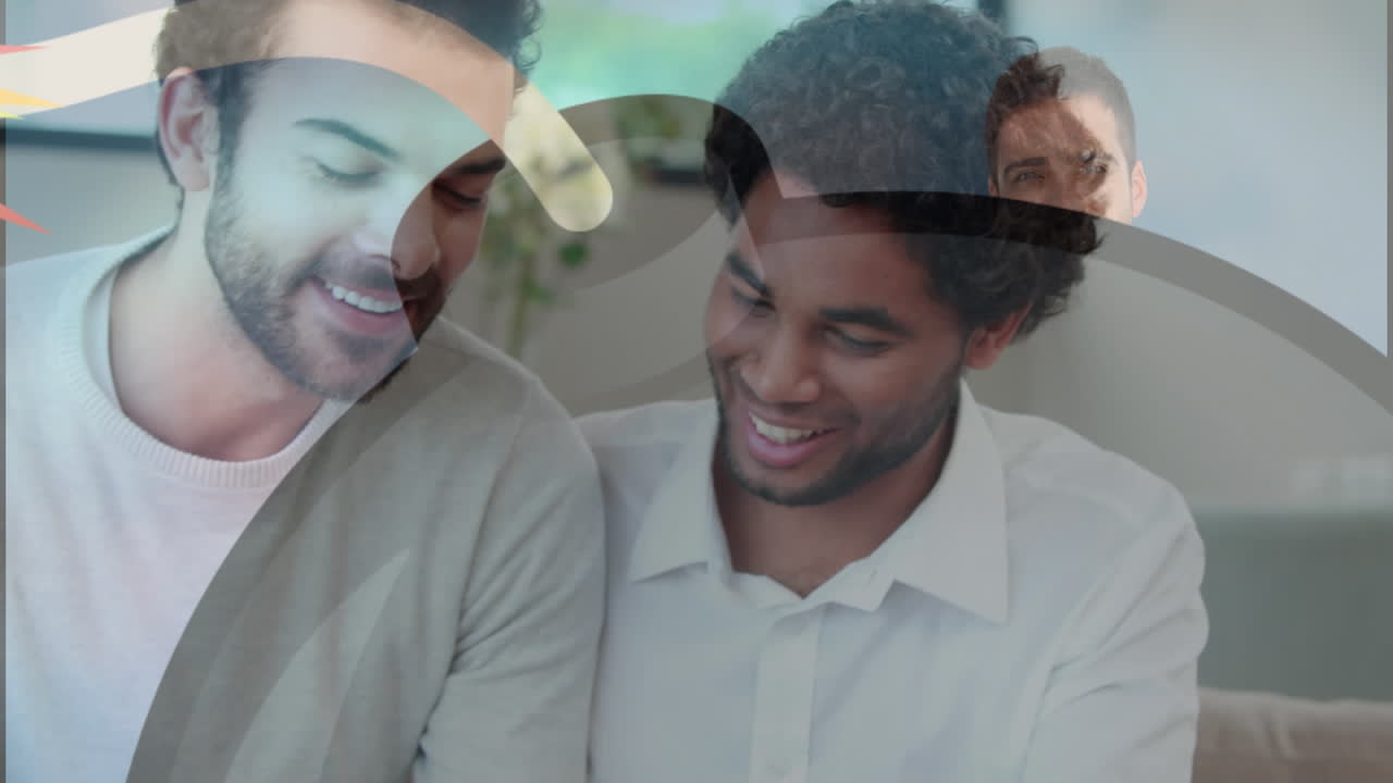 animación del icono de la bomba sobre una pareja masculina diversa usando la cámara.