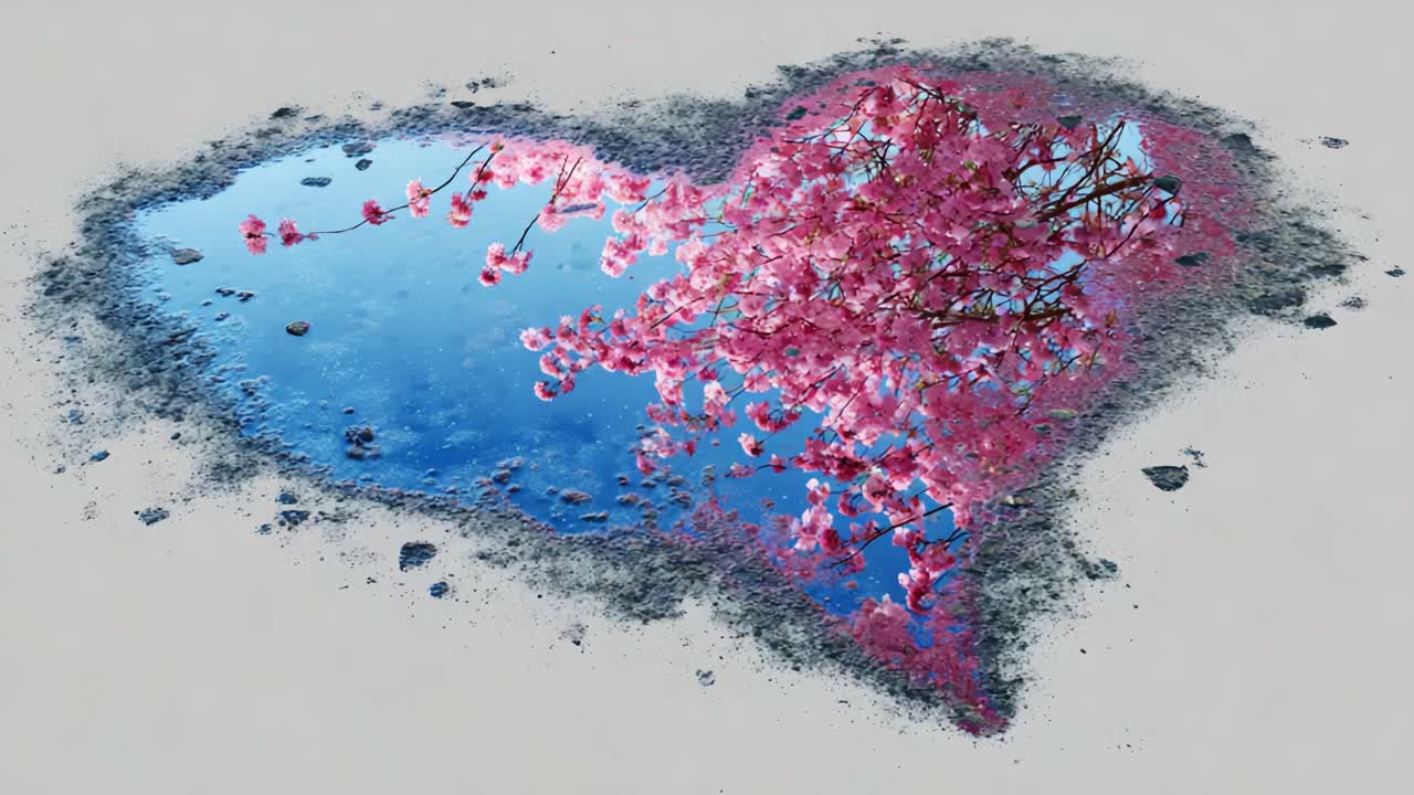 Beautiful Reflections: A Heart-Shaped Puddle Showcasing Cherry Blossom Petals and Clear Sky in an Artistic Display of Nature's Wonder and Delicate Beauty