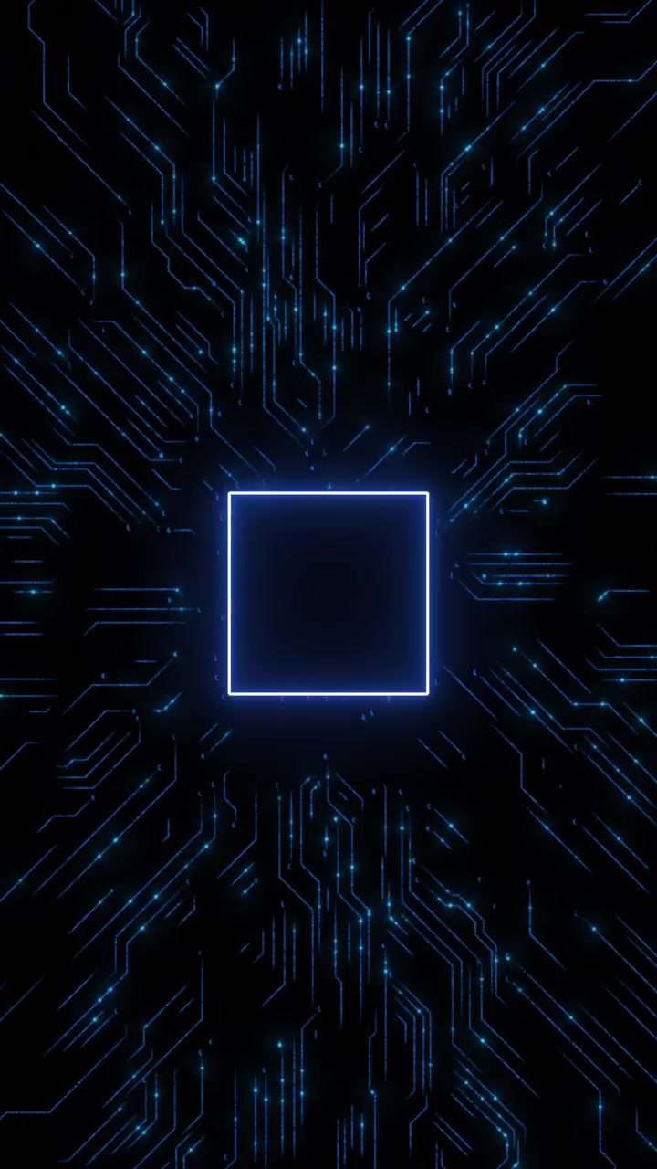 Blue circuit board chip background with glowing electronic traces central processor space and dark