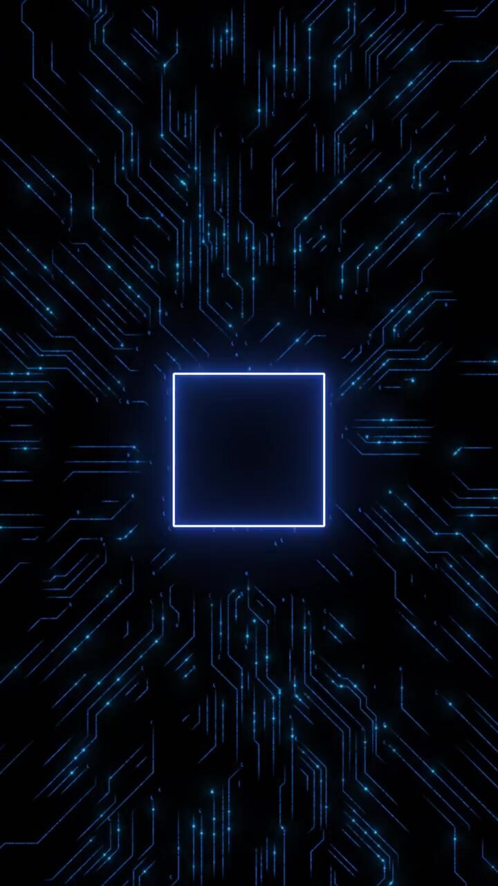 Blue circuit board chip background with glowing electronic traces central processor space and dark