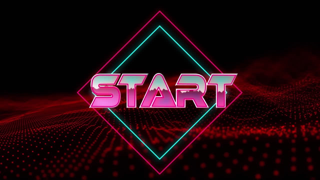 Animation of start text over geometrical moving shapes and wave