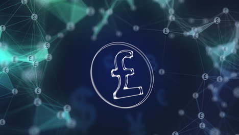 rotating transparent pound sterling icon. abstract blue animated 3d background with symbols of currency signs and plexus lines. british money coin.