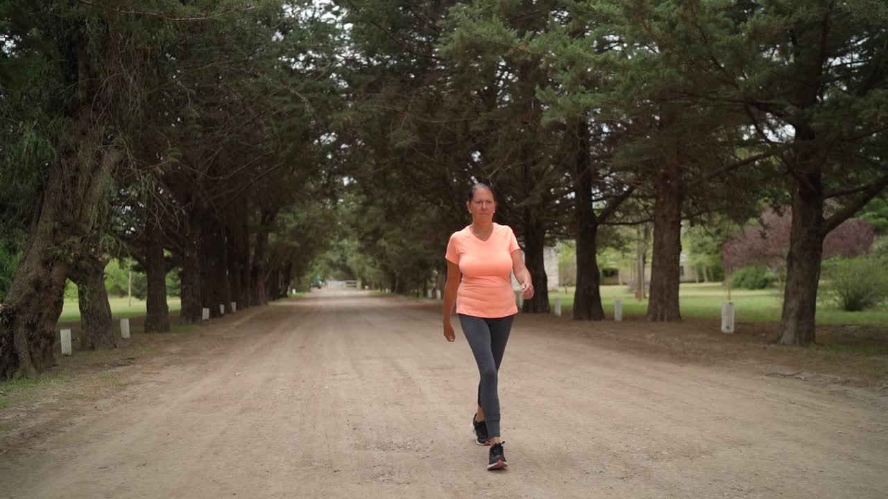 A senhora caminha rapidamente no parque - Plano geral