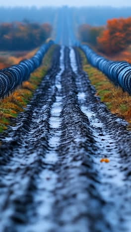 barbed wire on rugged trail. a muddy path stretches into the distance, bordered by barbed wire coils and surrounded by autumn foliage.