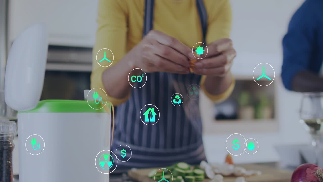 Icons appearing, home cook tearing scraps and putting into compost bin, showing recycling benefits