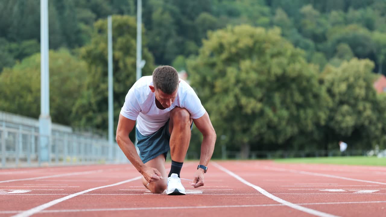 el corredor ata sus zapatos deportivos para comenzar a entrenar en la pista de carrera