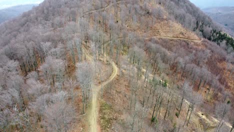 Beautiful-aerial-view-of-the-dirtroad-for-bikes-going-through-the-hills-of-sljeme,-Croatia