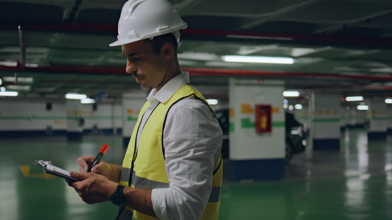 Hardhat man working parking writing folder alone closeup. Inspector checking