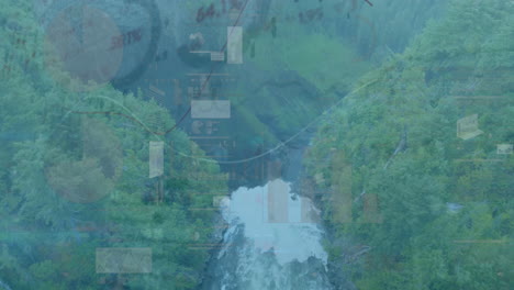 animation of financial data charts overlaying river flowing through lush forest