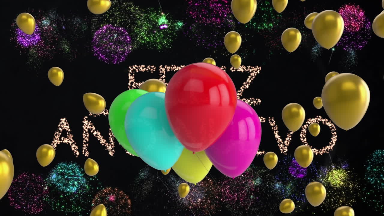 animación de texto de feliz año nuevo, globos con fuegos artificiales sobre fondo negro
