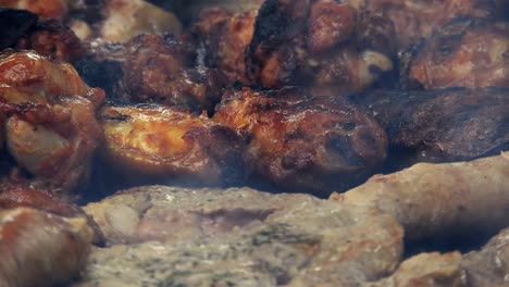 assorted delicious grilled meat, top view, sausages, chicken, pork