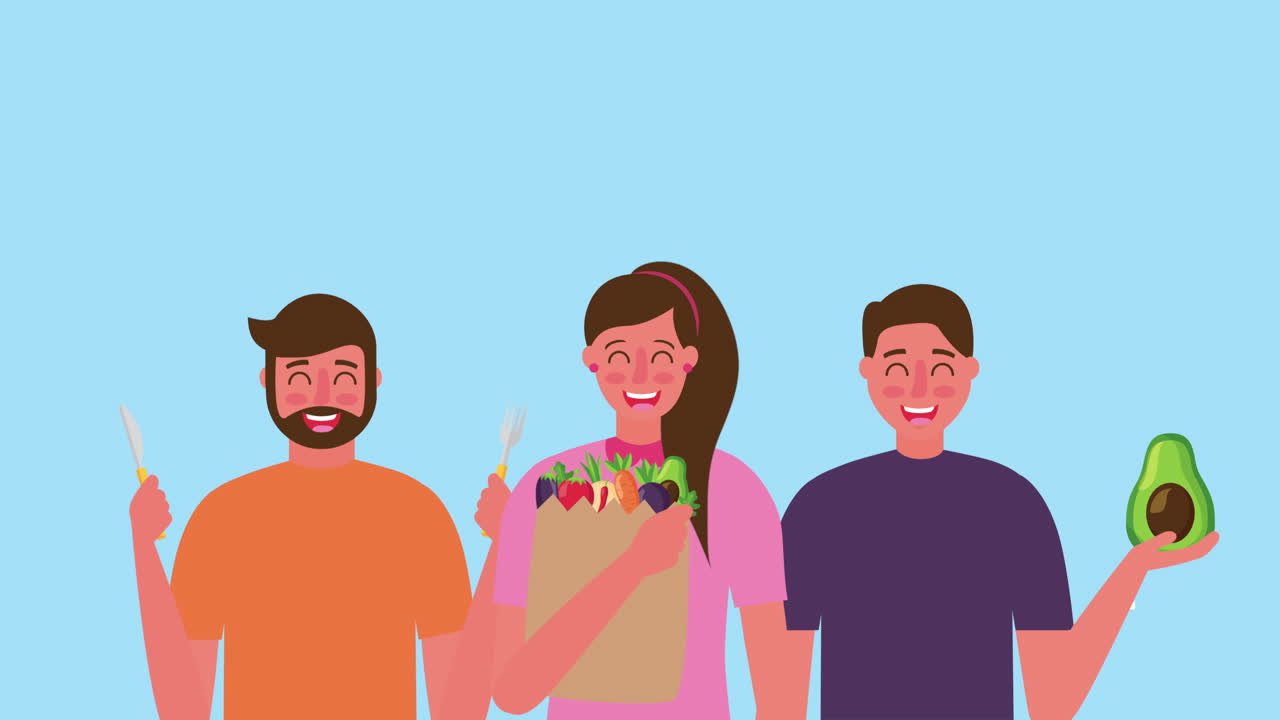 신선한 건강한 음식을 가진 사람들의 그룹