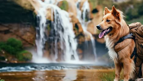 ein hund mit einem rucksack sitzt vor einem wasserfall