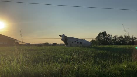 a black and white cow is resting sitting on the grass in a pasture in an italian countryside at sunset, behind her the sun is going down and spreading a beautiful light