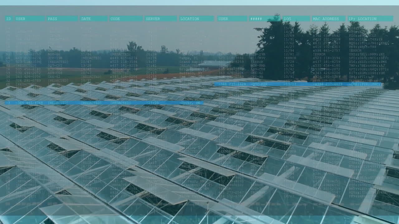 Expanding flat design solar farm showing digital overlay displaying code logs and panel rows