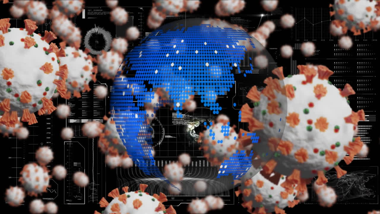 Animazione di un globo che ruota su cellule Covid ed elaborazione dati su un'interfaccia