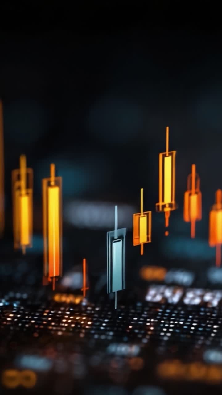 Visualização Dinâmica de Dados Financeiros com Gráficos de Candlestick Coloridos Exibindo Tendências e Flutuações de Mercado em um Ambiente Digital Abstrato