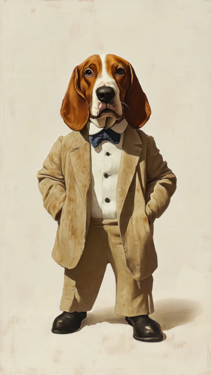 Whimsical video concept of a basset hound in a suit, captured from a front angle