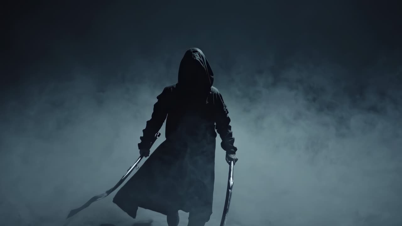 A mysterious hooded figure holding scythes, shrouded in fog