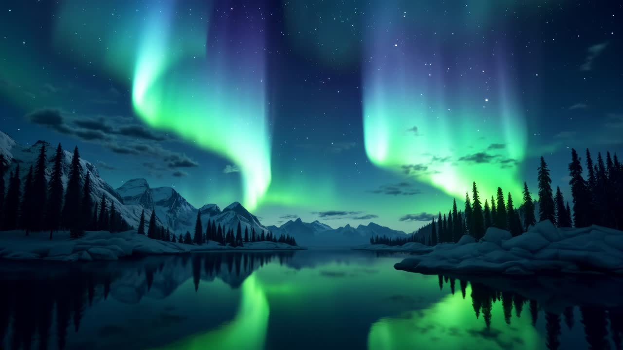 Stunning wide-angle video capture of the Northern Lights over a serene lake, with vibrant green hues