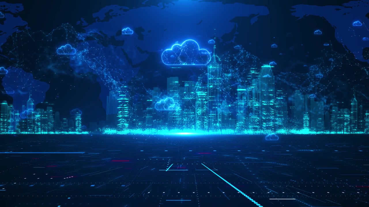 Cloud network city background with glowing skyline world map and digital connection lines perfect