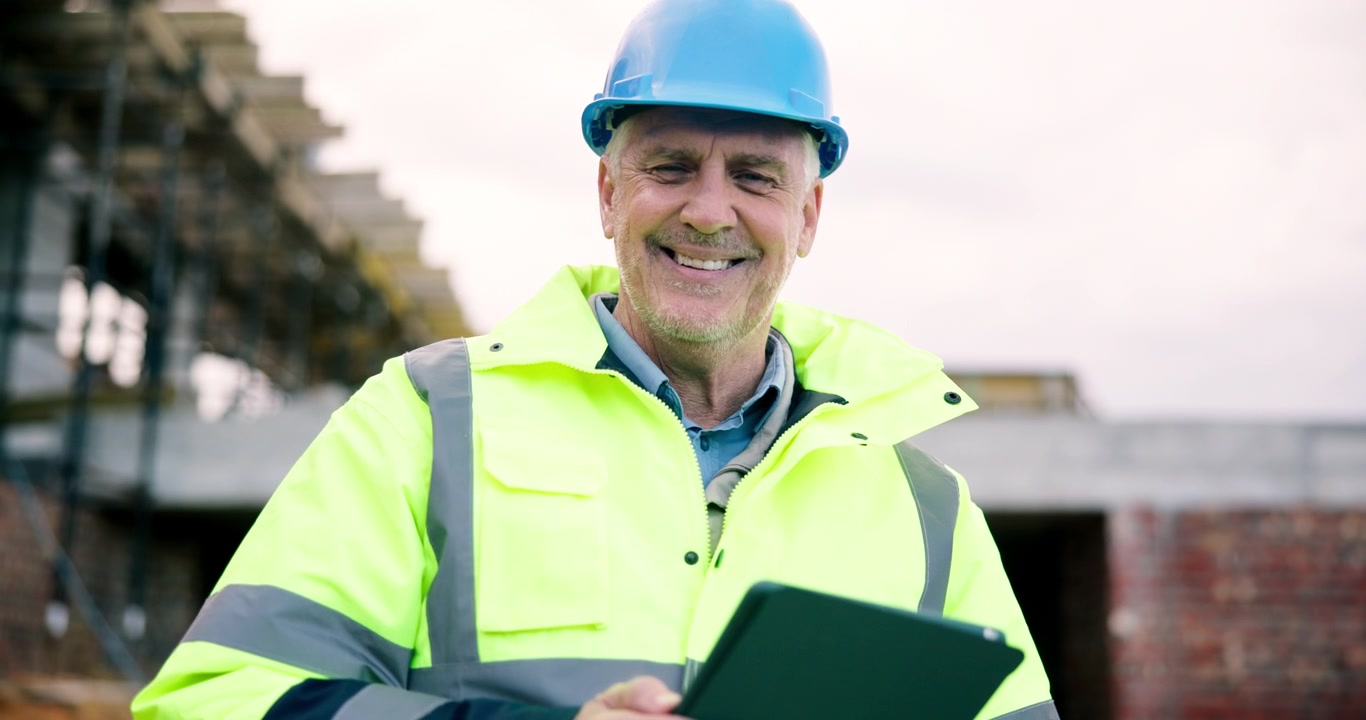 Smiling Construction Manager Holding Tablet at Building Site