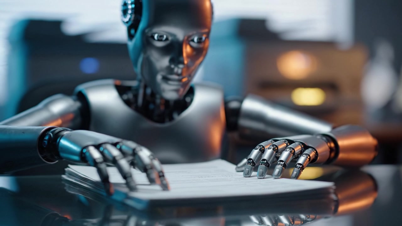En elegant robot leser og analyserer dokumenter på en moderne arbeidsplass, og viser avansert teknologi og kunstig intelligens.