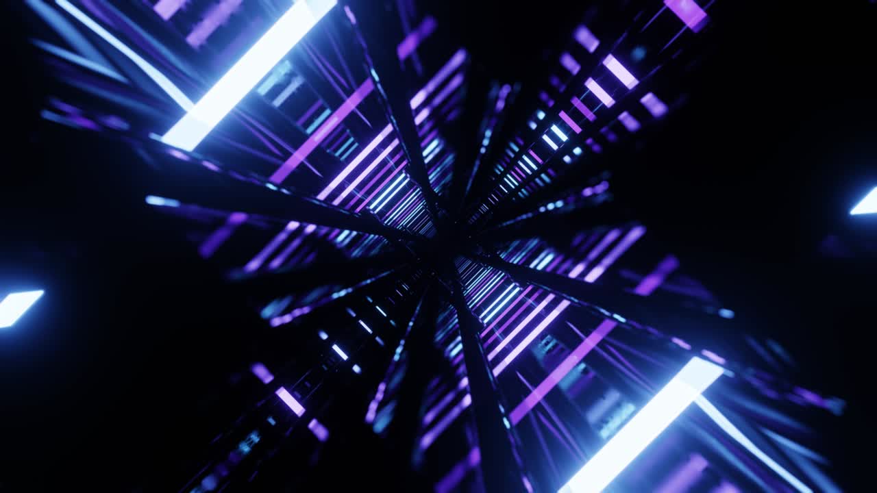 Ultraviolet tunnel. Hi-tech neon sci-fi tunel. Trendy neon glow lines form pattern and construction in mirror tunnel. Fly through technology cyberspace. 3d looped seamless 4k bright youth background.