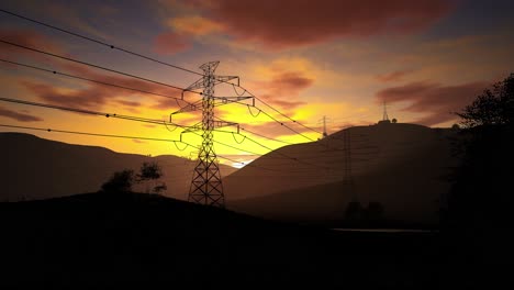 the high voltage electricity tower on mountains at sunset. 4k time lapse of sunset with transmission electricity steel pylon tower, electricity pylons in the countryside