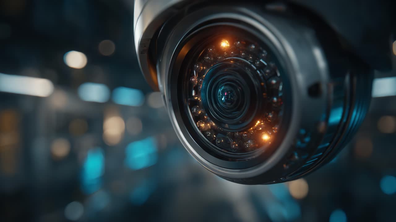 High-Tech Surveillance Camera with Intense Lighting: A Close-Up View of Modern Security Technology Capturing Every Detail in a Futuristic Environment