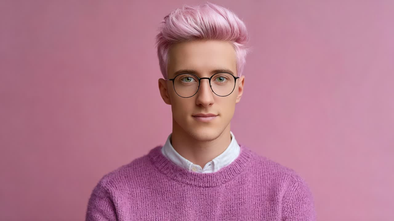 A Stylish Young Individual with Pink Hair and Glasses Poses Confidently Against a Soft Pink Background in a Cozy Sweater, Exuding a Modern Aesthetic