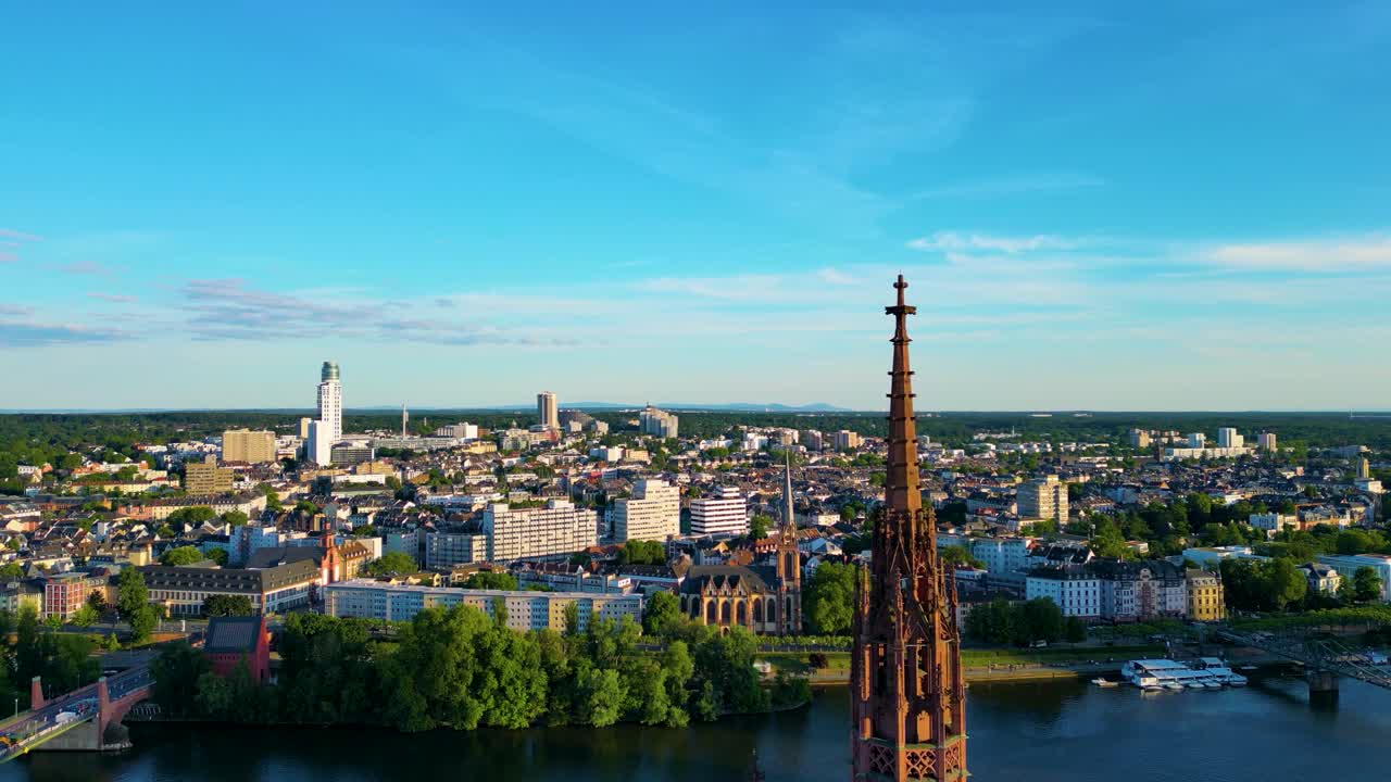 4K Drone Video of the Spire of the Gothic-Style Kaiserdom St. Bartholomäus Cathedral in Downtown Frankfurt, Germany on the Main River