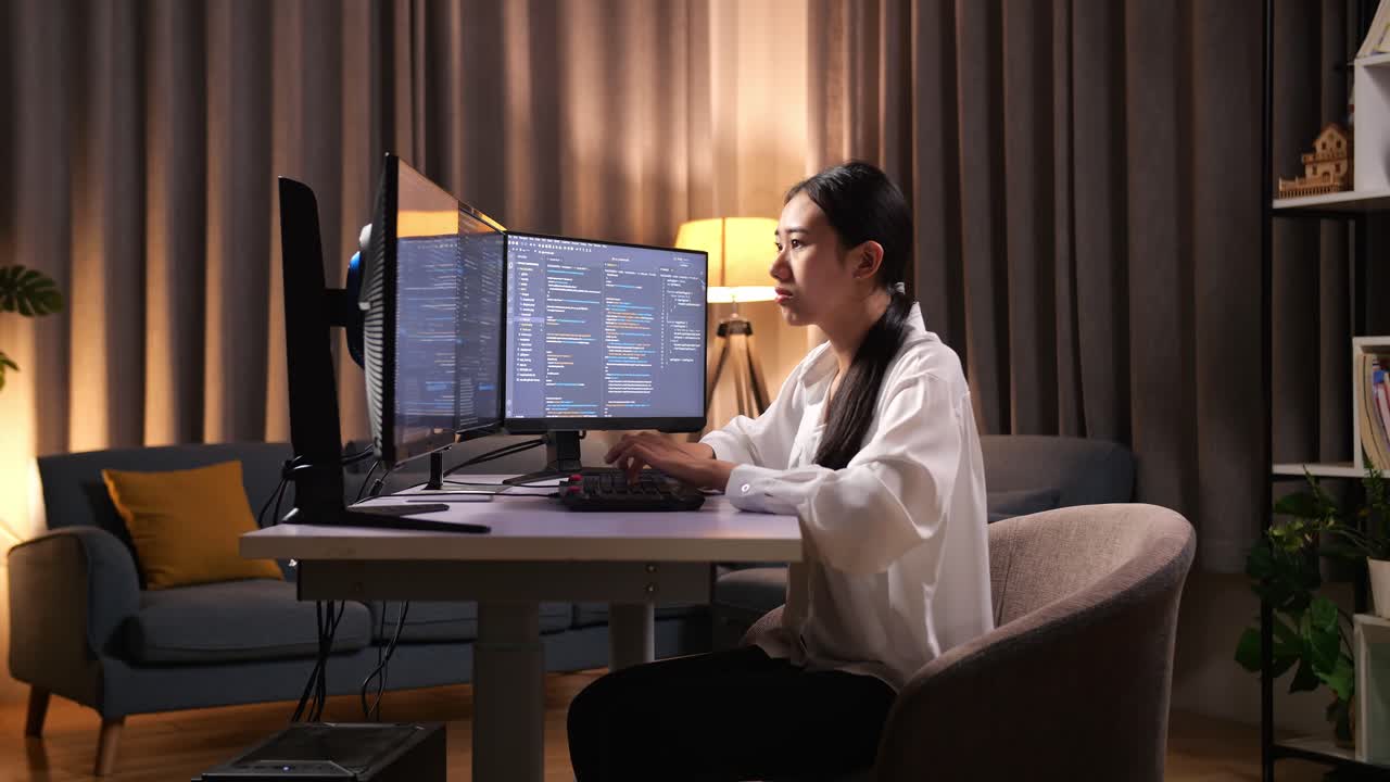 아시안 여성 프로그래머는 혁신적인 소프트웨어 엔지니어로 집에서 데스크 컴퓨터에서 앱, 프로그램, 비디오 게임을 개발합니다. 코딩 언어를 가진 터미널